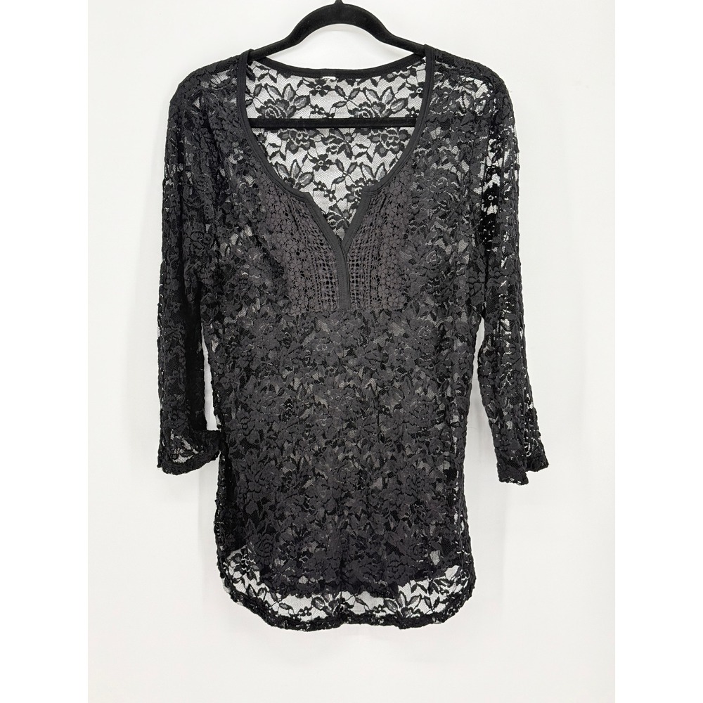 Womens Black Whimsigoth Floral Lace V-Neck Fitted Sheer Top 3/4 Sleeve Grunge
